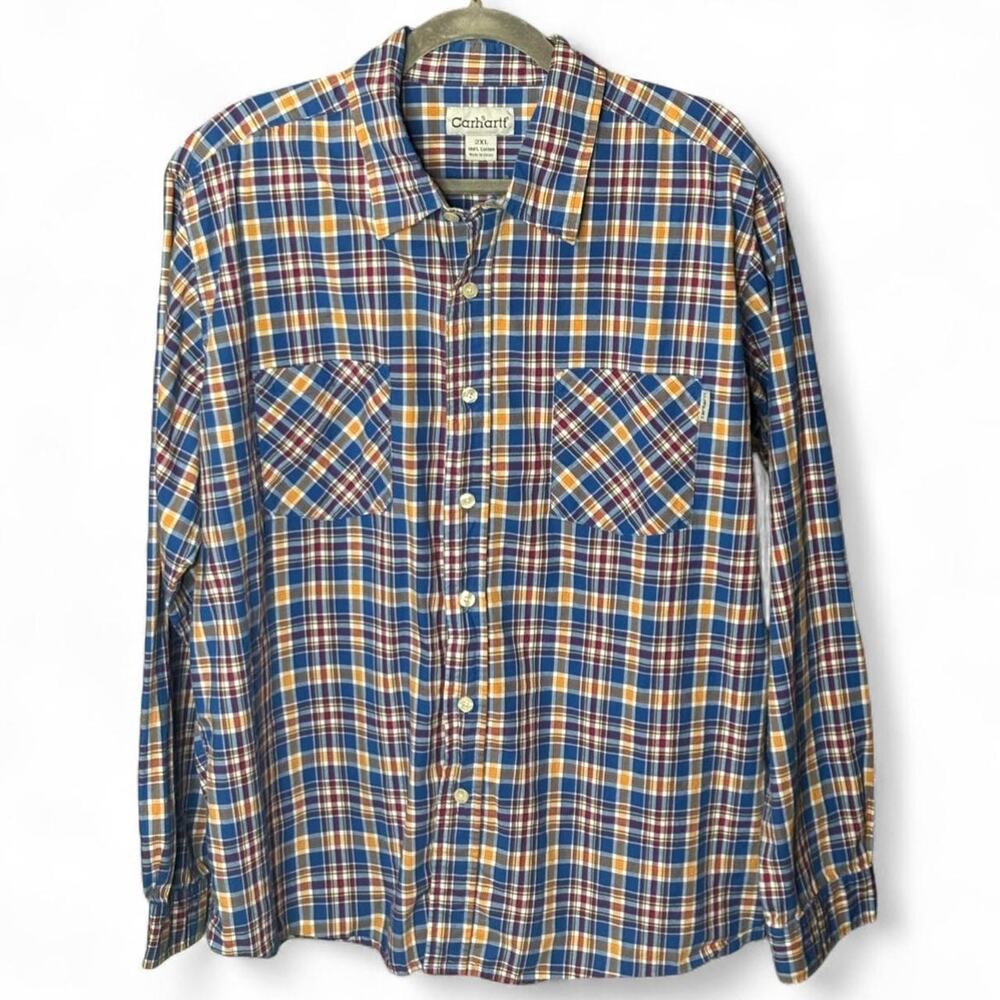 Carhartt Plaid Shirt Men's 2XL Blue Yellow Long Sleeve Button Down Cotton